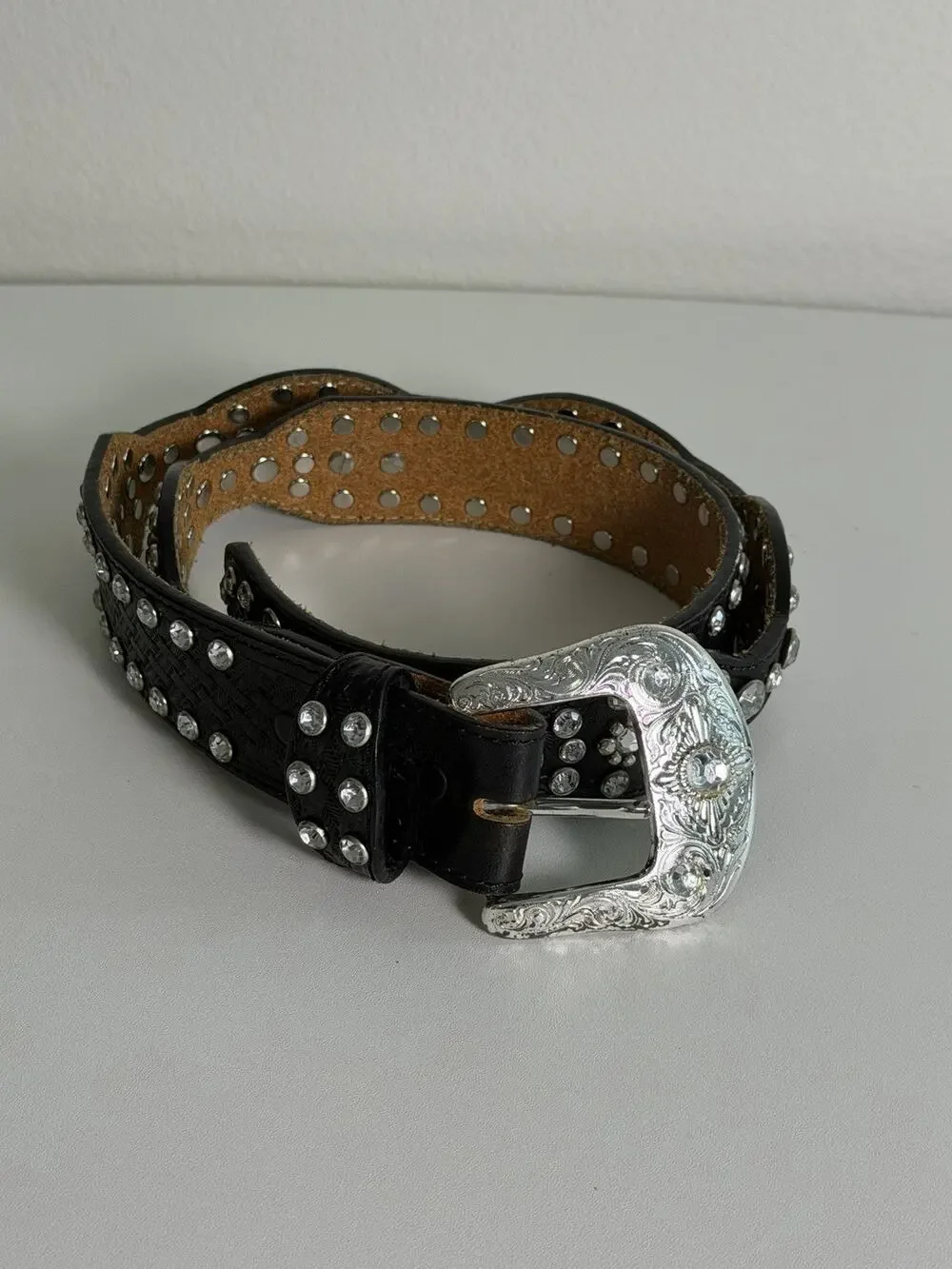 Tony Lama Rhinestones Crystal Black SZ 30 Leather Belt C50363 Western Style